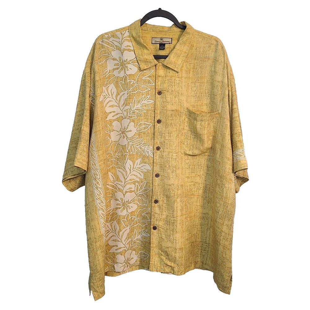 Tommy Bahama RELAX Camp XXL 100% Silk Shirt Yellow Hibiscus Panel Back Hawaiian